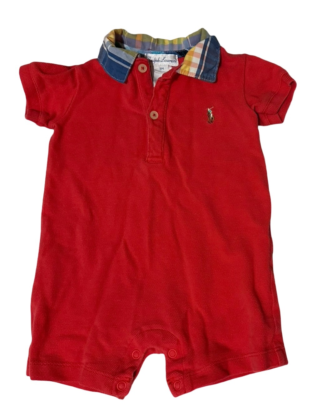 Ralph Lauren Baby 3M Red Polo Romper Plaid Collar One Piece